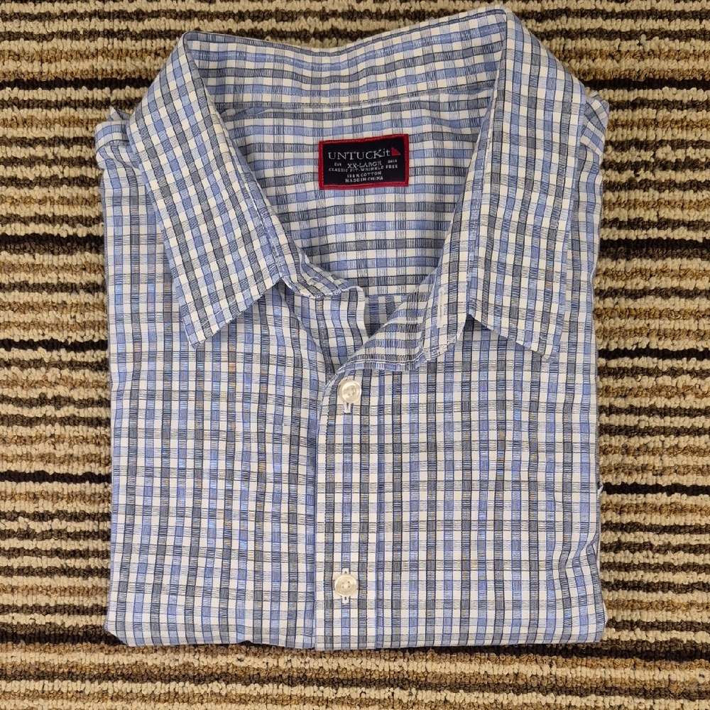 UNTUCKIT Wrinkle‎ Free Cotton Blue Plaid Classic Fit XXL Short Sleeve Mens Shirt